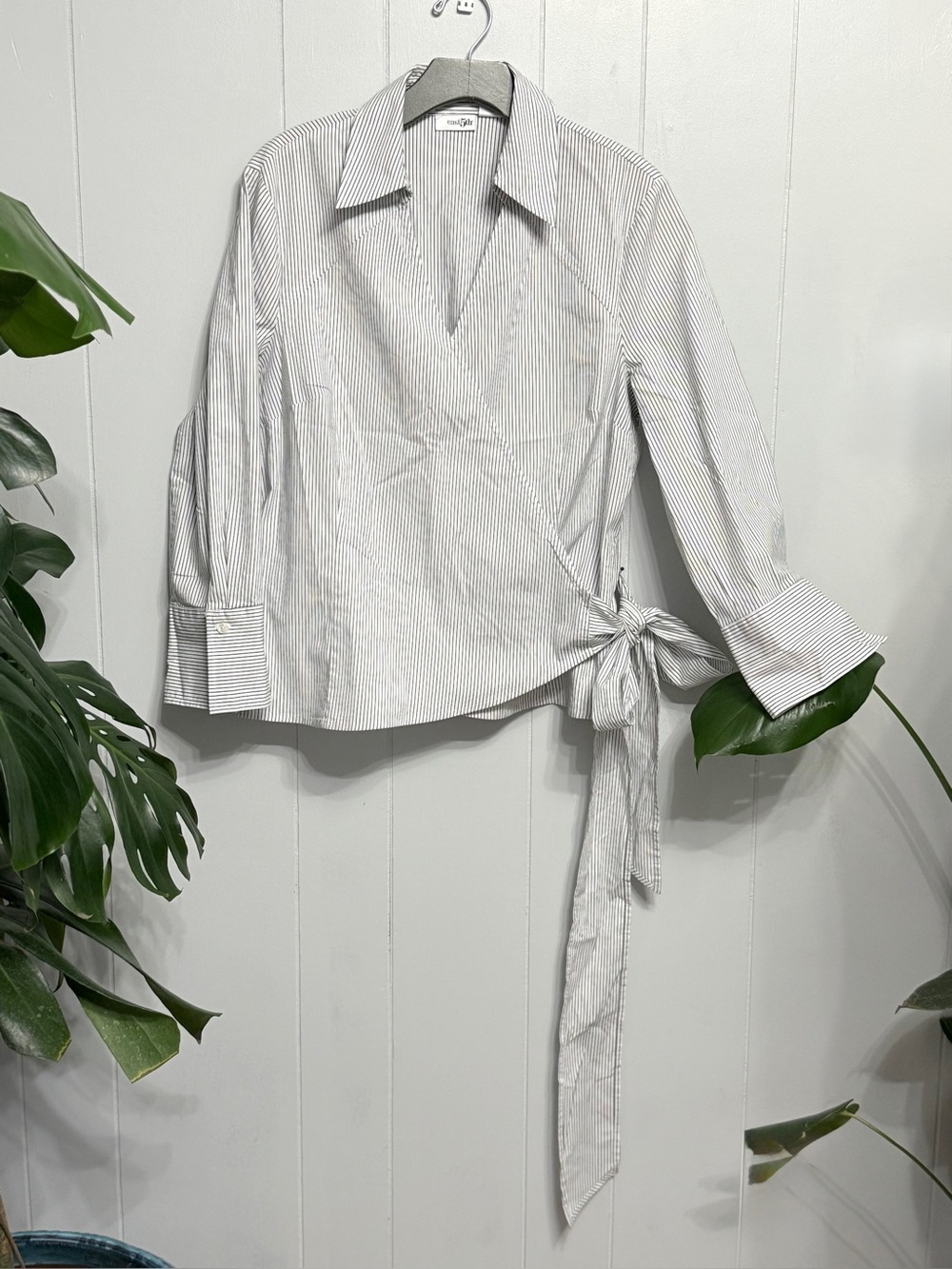 #18)  East 5th White and Black Striped Wrap Button-Down Shirt